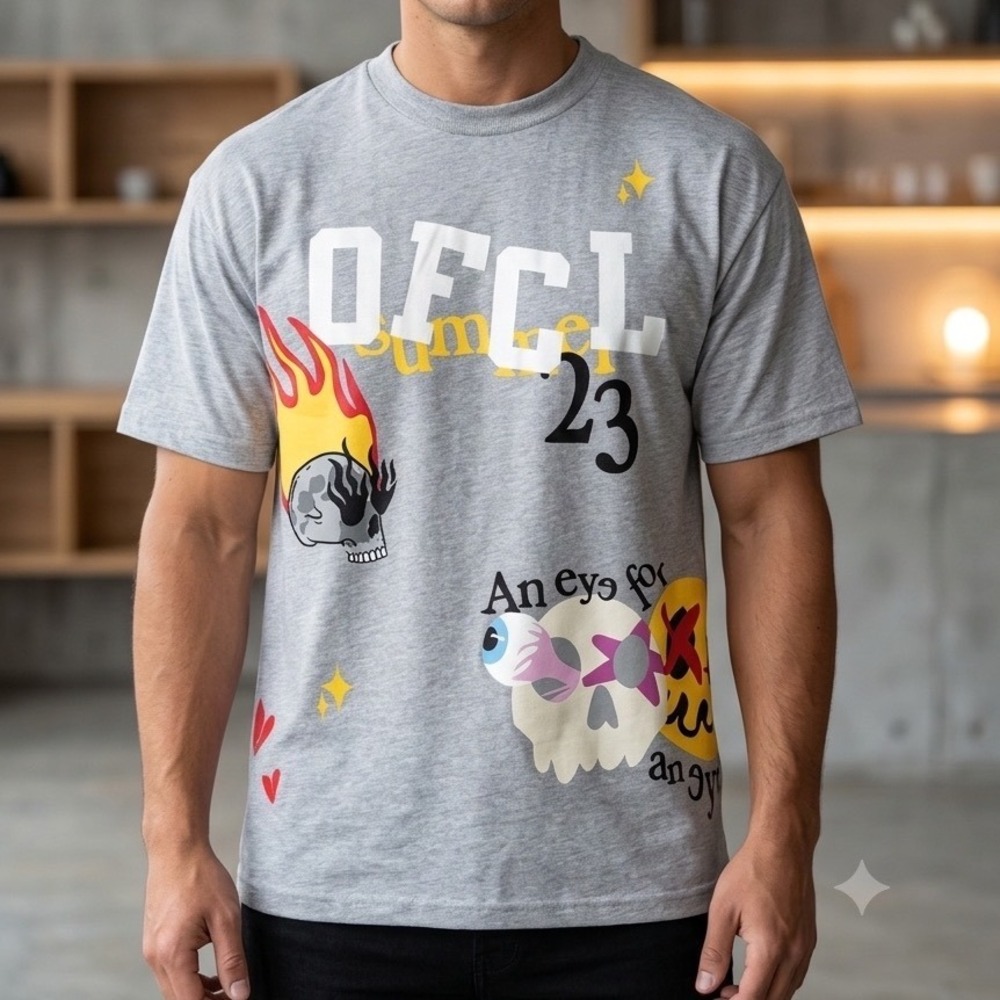 Boohoo MAN OFCL Summer 23 Graphic T-Shirt Grey Marl Skulls Streetwear Mens L